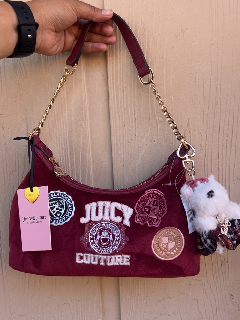 Juicy Couture Burgundy Embroidered Logo Shoulder Bag with Gold Chain